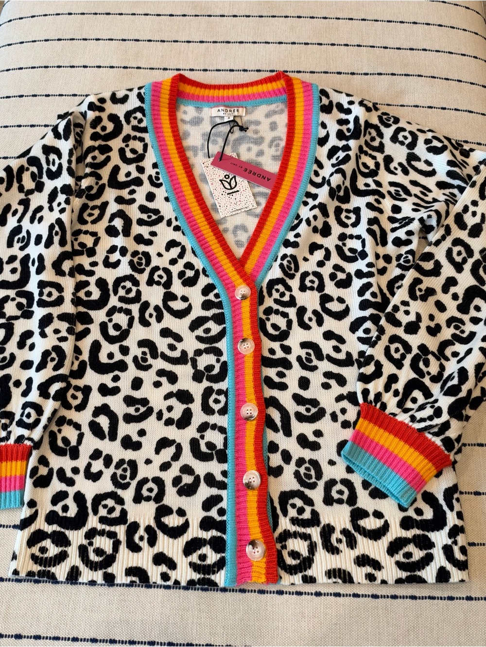 Andree Leopard Print Cardigan Sweater in Black and White with Rainbow Trim